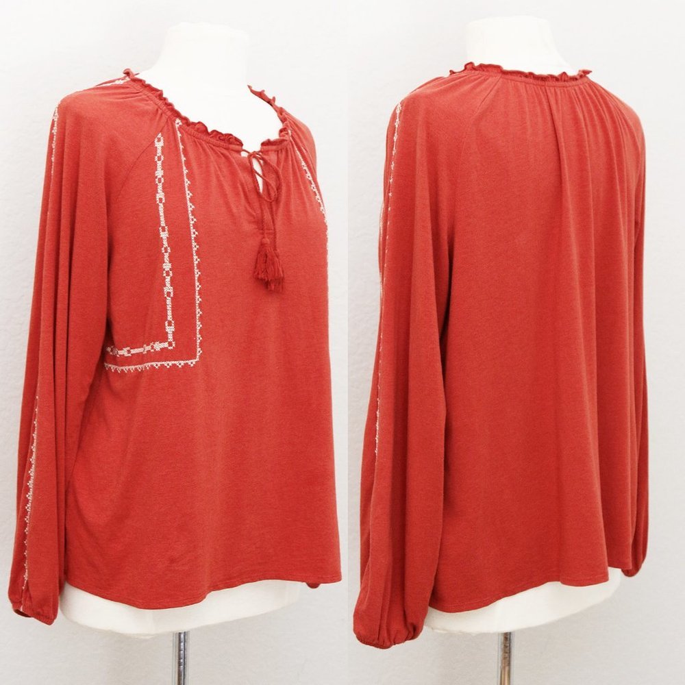 Garnet Hill Organic Cotton Tencel Blend Cross Stitch Embroidered Peasant Top M - Picture 13 of 14